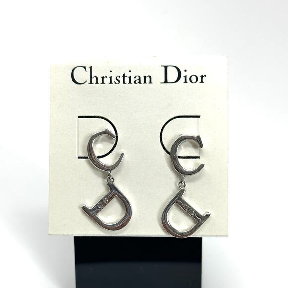 CD DIOR OBLIQUE SILVER TONE DROP EARRINGS - Picture 1 of 5
